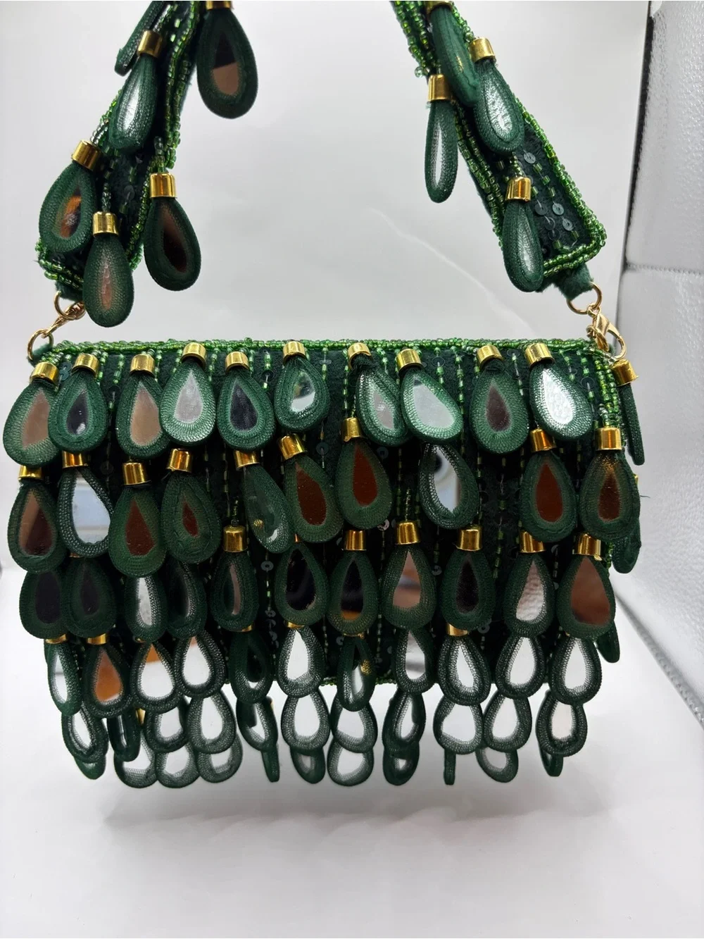 Green Beaded Mirror Glass Teardrop Fringe Shoulder Bag